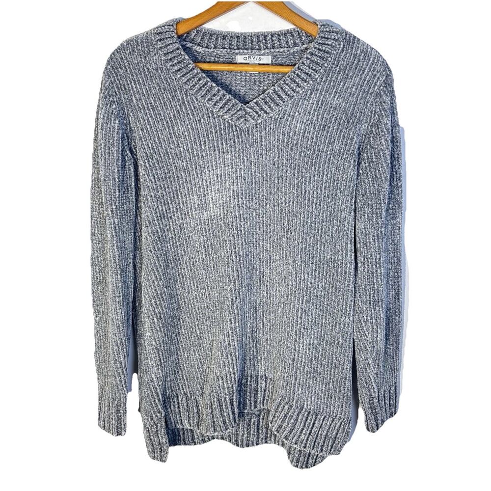 Orvis Chenille Knit V-Neck Tunic Sweater Gray Marbled Oversized Medium